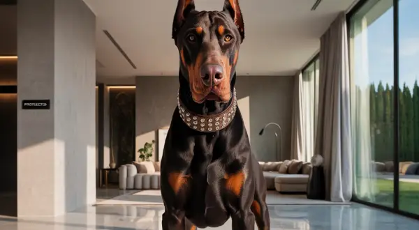 Doberman au collier clouté, regard intense. Mon chien est devenu agressif subitement, il garde la maison.