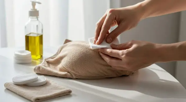 Main douce utilisant un coton imbibé d'huile pour aider à comment enlever un pansement sur des poils sans douleur.