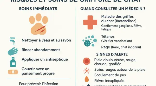 Risques et soins de griffure de chat : nettoyage, antiseptique, pansement. Consulter si fièvre, fatigue, ou signes d'alerte, pour éviter la maladie du chat humain symptômes.