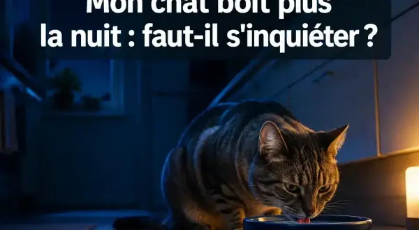 Un chat tigré boit de l'eau dans un bol bleu la nuit. La question "Mon chat boit plus la nuit : faut-il s'inquiéter ?" est affichée.