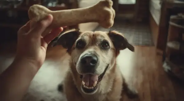 Un chien attend patiemment son os, un cadeau de son maître.