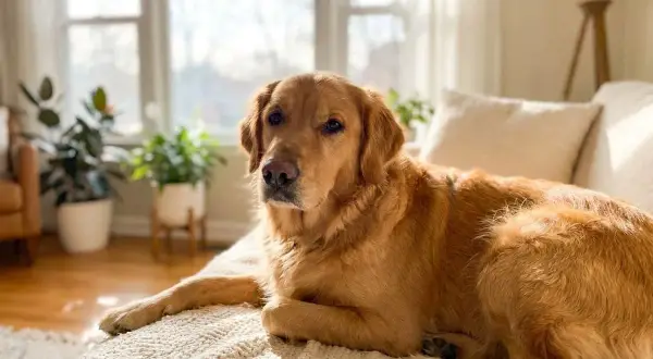 Un beau golden retriever se repose sur un canapé, baigné de soleil. Un avis sur Vectra 3D pour chien ? Ce toutou semble en pleine forme !