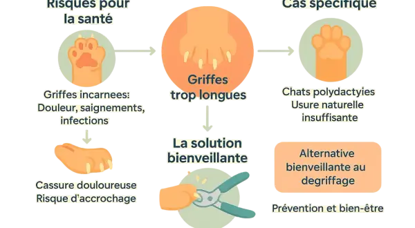 Schéma expliquant les risques des griffes trop longues chez le chat et la solution bienveillante pour couper griffe chat.