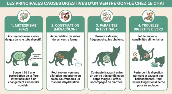 Infographie expliquant les causes d'un ventre gonflé chez le chat : gaz, constipation, parasites, ou troubles digestifs. Une tumeur peut aussi en être la cause.