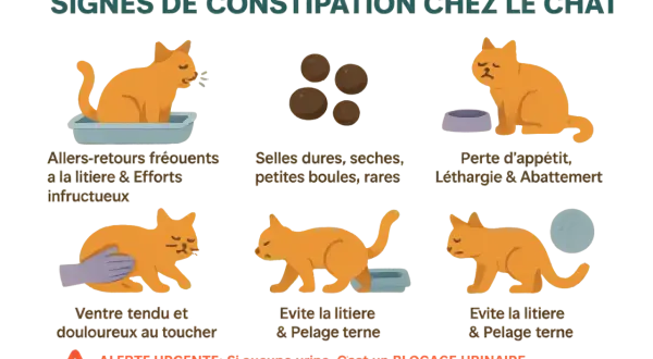 Mon chat ne fait plus caca depuis 4 jours. L'image montre les signes de constipation féline : allers-retours à la litière, selles rares, perte d'appétit, ventre tendu.