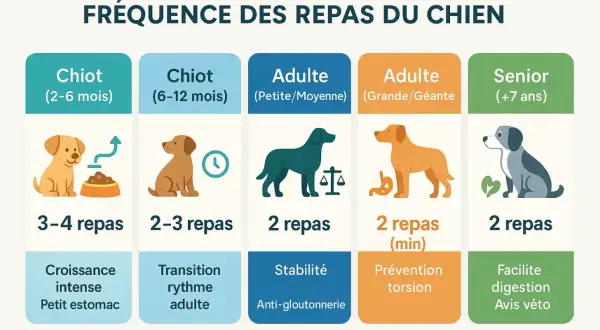 Graphique sur la fréquence des repas du chien. Un chiot de 2-6 mois a besoin de 3-4 repas pour sa croissance intense.
