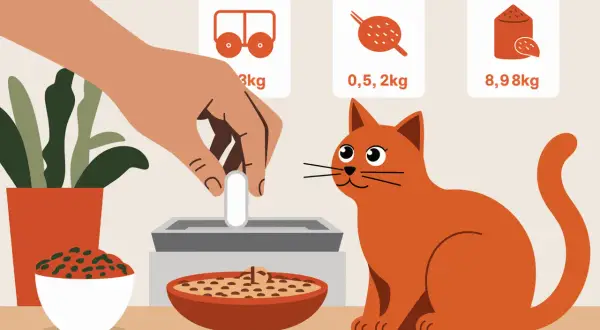 Un chat roux attend sa dose de Credelio. L'image montre une main plaçant une pilule dans un distributeur, avec des indications de poids pour le chat.