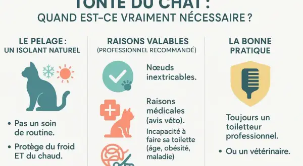 Infographie sur la tonte du chat : le pelage est un isolant naturel. La tonte est nécessaire pour les nœuds ou raisons médicales, à faire par un professionnel.