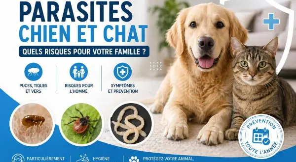 Un chien et un chat posent ensemble, illustrant les risques de parasites pour la famille, y compris le parasite chat homme.