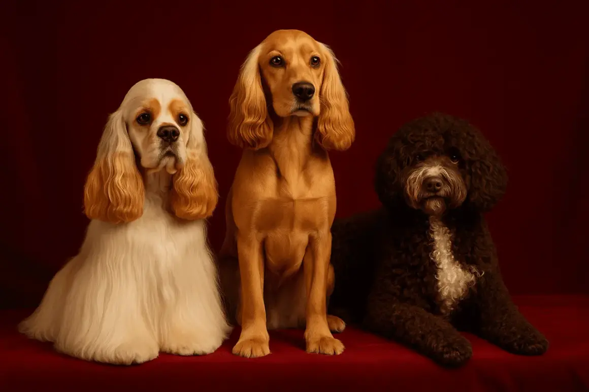 Trois chiens posent sur un fond bordeaux : un cocker américain blanc et fauve, un cocker anglais doré, et un caniche noir.