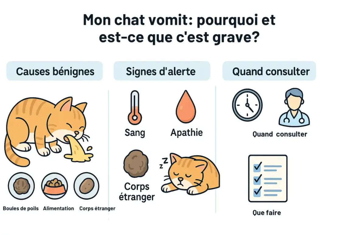 Mon chat vomit : causes, signes d'alerte et quand consulter. L'image montre un chat vomissant, des boules de poils, une gamelle, un corps étranger, un thermomètre, une goutte de sang, un chat endormi, une horloge et un médecin. Elle aborde la question ...