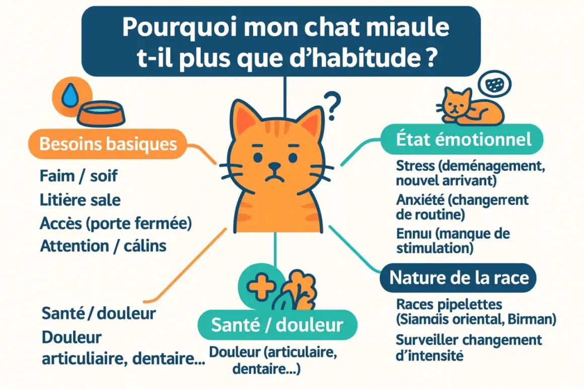 Un chat roux, au regard triste, est au centre d'un schéma expliquant pourquoi il miaule fort sans raison. Les causes possibles sont : besoins basiques, santé/douleur, état émotionnel, et nature de la race.