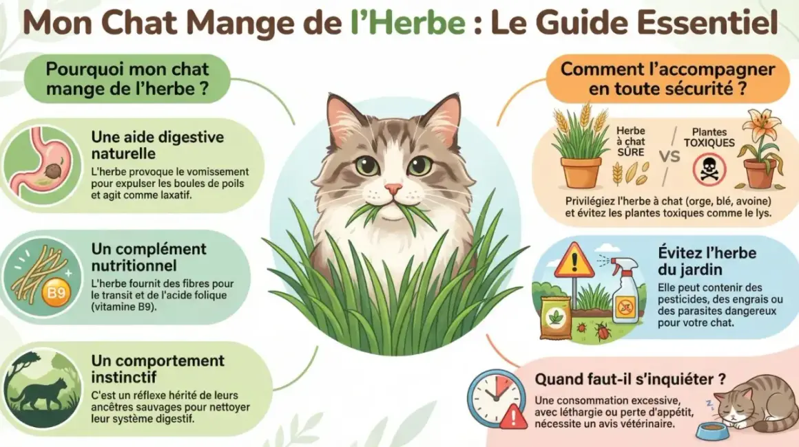 Un chat mignon mange de l'herbe, un guide essentiel pour comprendre pourquoi votre chat qui mange beaucoup d'herbe le fait.
