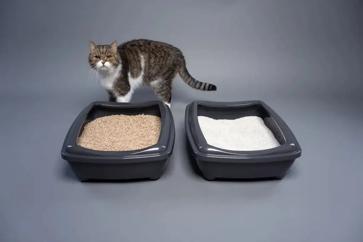 Un chat observe deux bacs à litière, l'un avec une litière sableuse, l'autre avec une litière blanche. Quelle litière choisir pour votre félin ?