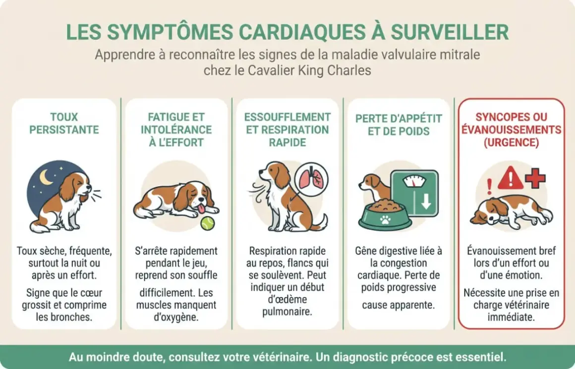 Chien Cavalier King Charles souffrant de maladie valvulaire dégénérative : toux, fatigue, essoufflement, perte d'appétit, syncopes. Urgence vétérinaire.