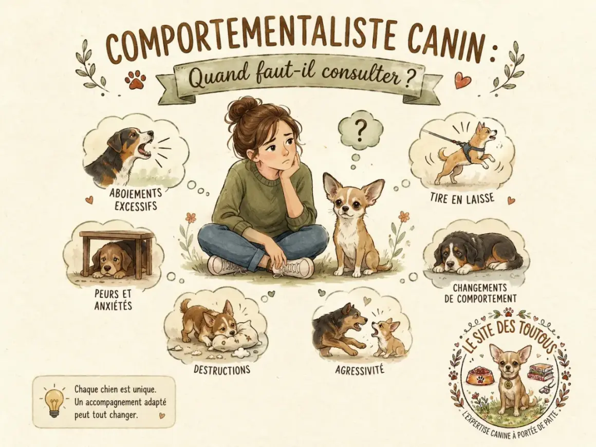 Illustration d'une jeune femme réfléchissant aux problèmes de comportement canin : aboiements, peurs, destructions, agressivité, tirage en laisse, changements. Un comportementaliste canin peut aider.