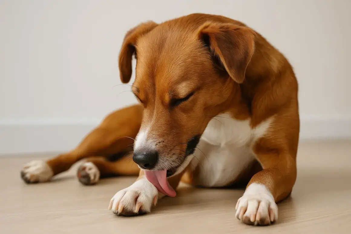 Un chien brun et blanc se lèche les pattes, peut-être pour se nettoyer ou par ennui.