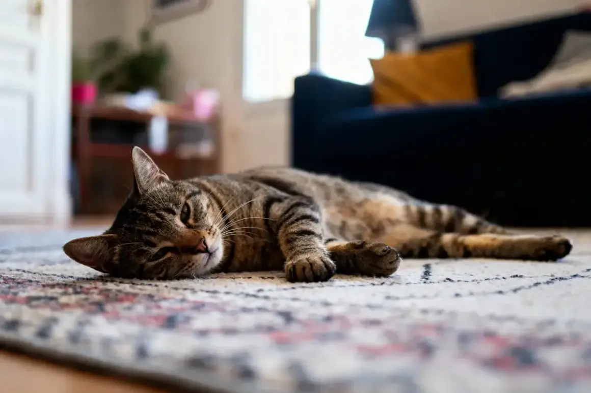 Un chat tigré se repose sur un tapis. Il est important de savoir combien de temps pour éliminer les vers du chat pour sa santé.