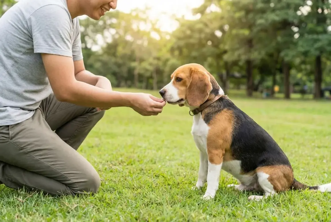 Un homme donne une friandise à un adorable beagle chien assis dans l'herbe, sous le soleil.
