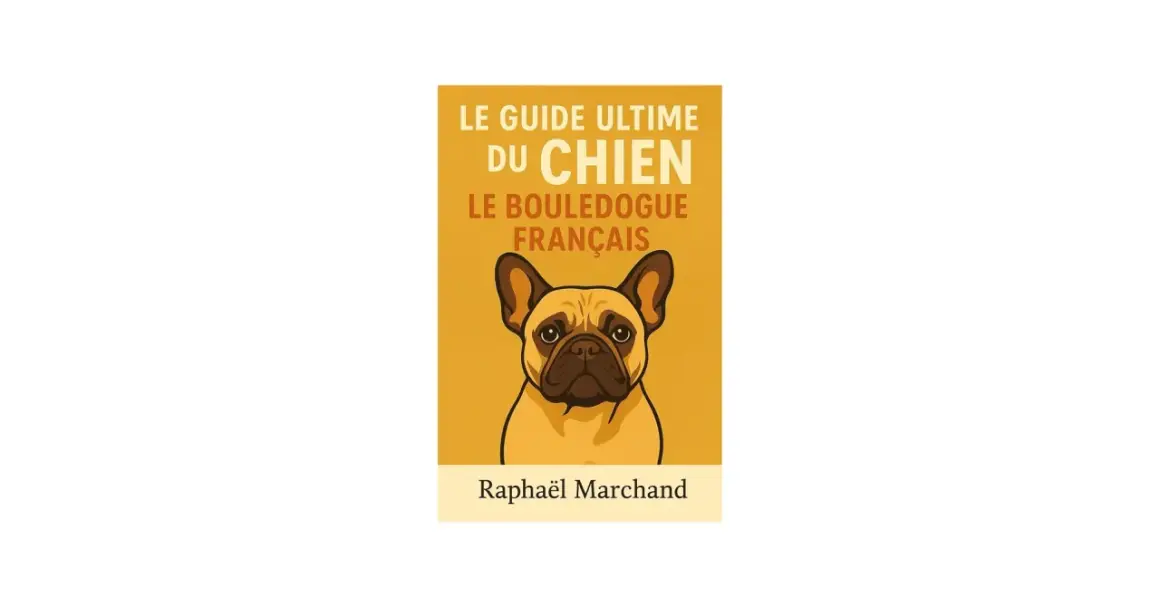Couverture du livre "Le Guide Ultime du Chien : Le Bouledogue Français". Un bouledogue français au regard expressif est représenté, suggérant des conseils sur sa nourriture et son bien-être.