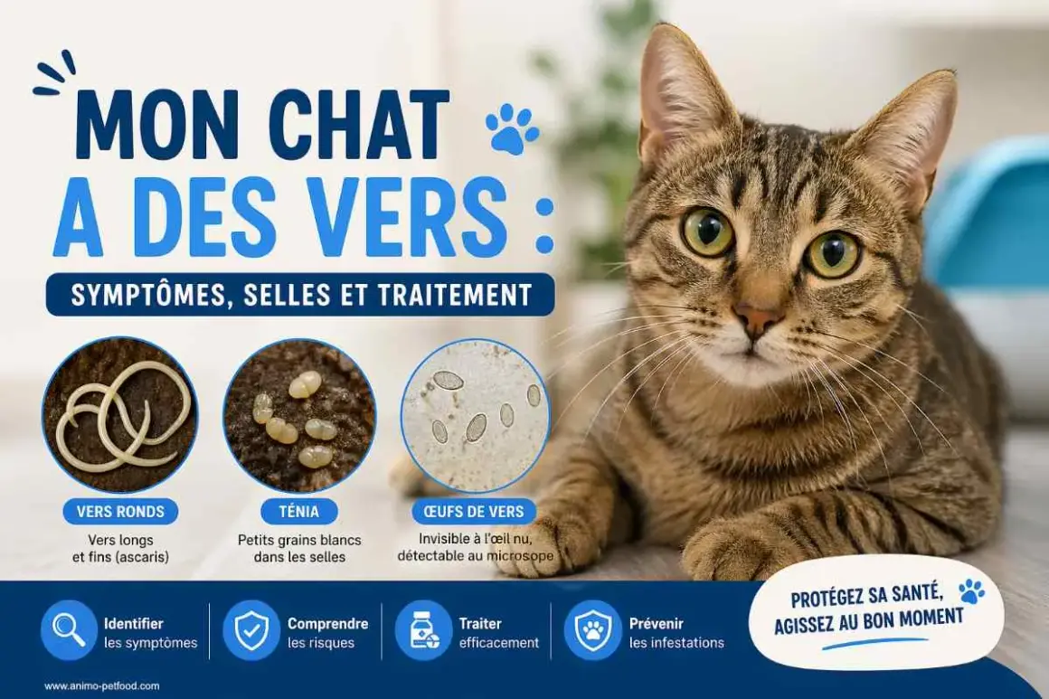 Un chat tigré regarde l'objectif, tandis que l'image montre des vers, des œufs de vers et des symptômes de vers chez le chat.
