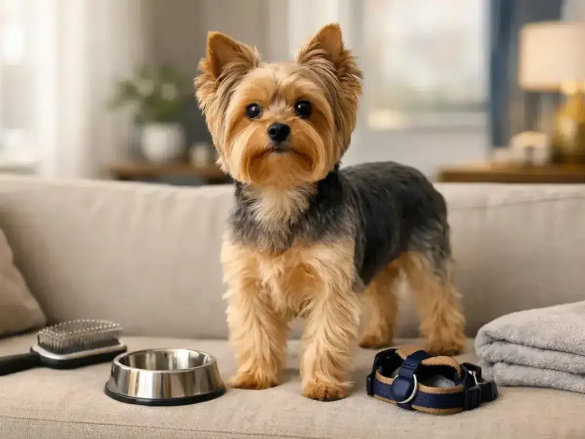 Un adorable yorkshire terrier se tient sur un canapé, prêt pour sa promenade. À ses côtés, une gamelle, une brosse et un harnais.