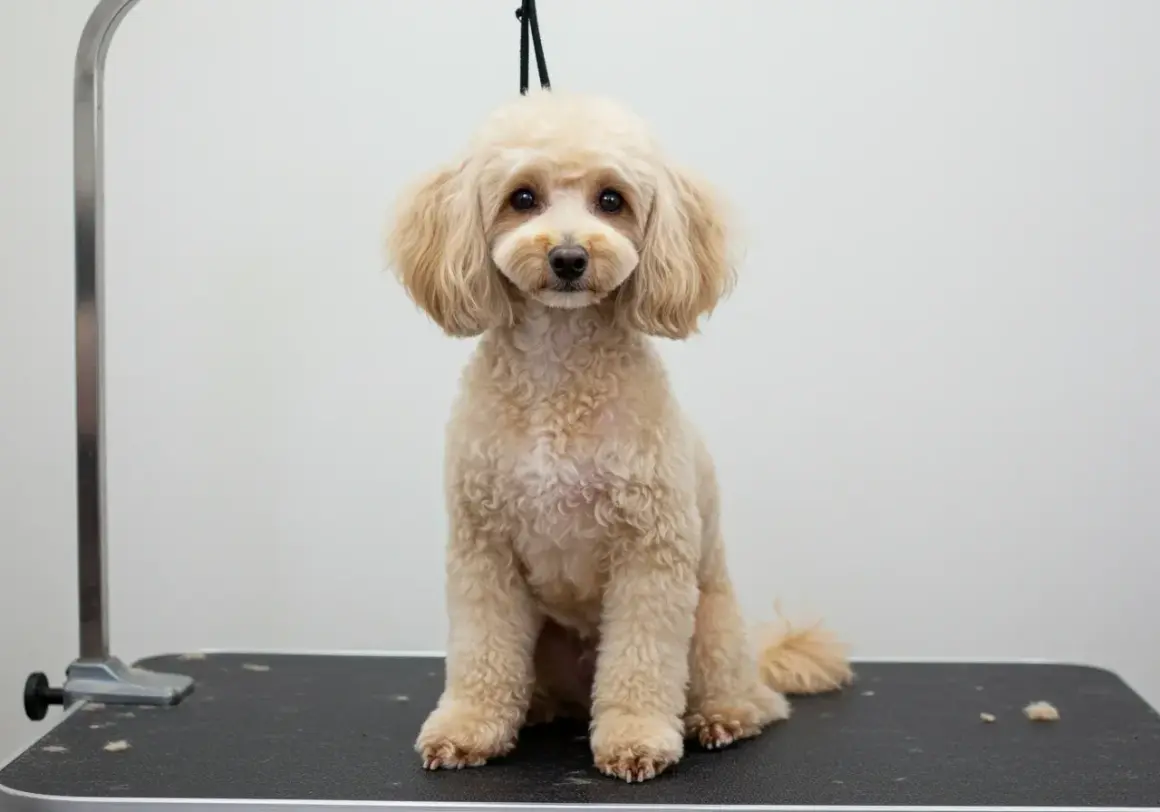 Un caniche royal non toiletté, au pelage bouclé et clair, attend patiemment sur une table de toilettage.