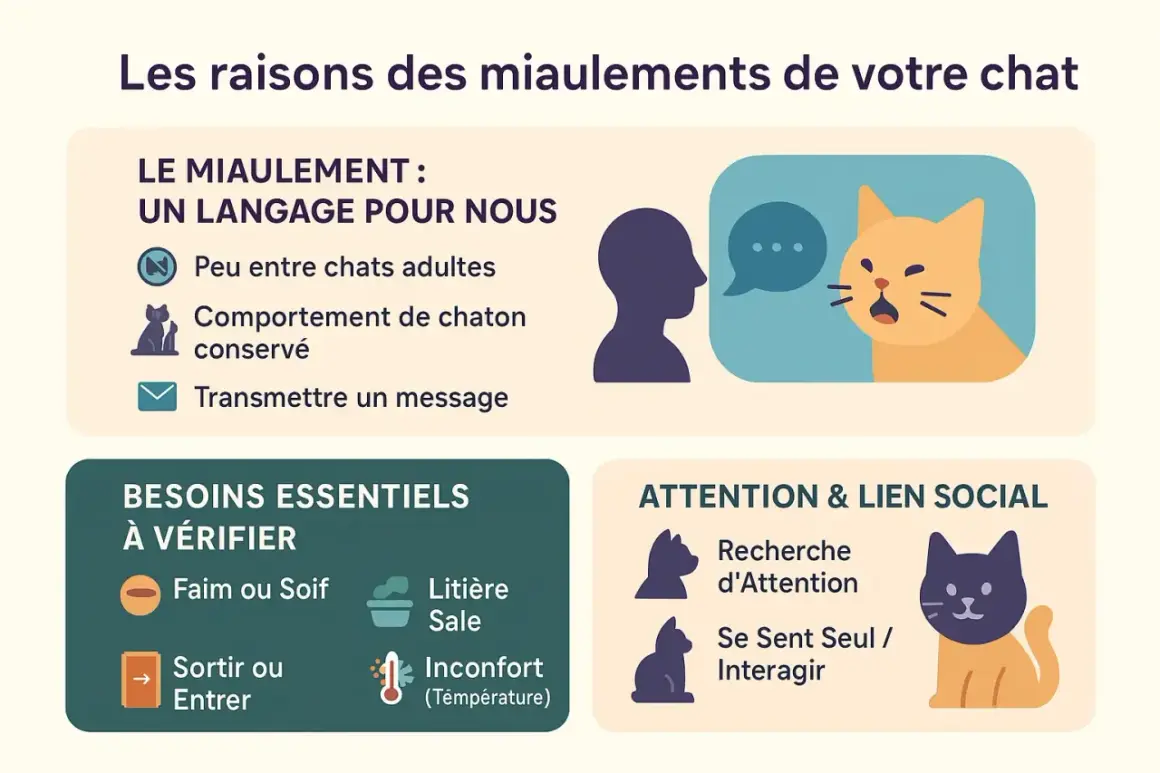 Un chat qui pleure, ou miaule, communique ses besoins : faim, soif, litière sale, inconfort, ou recherche d'attention.