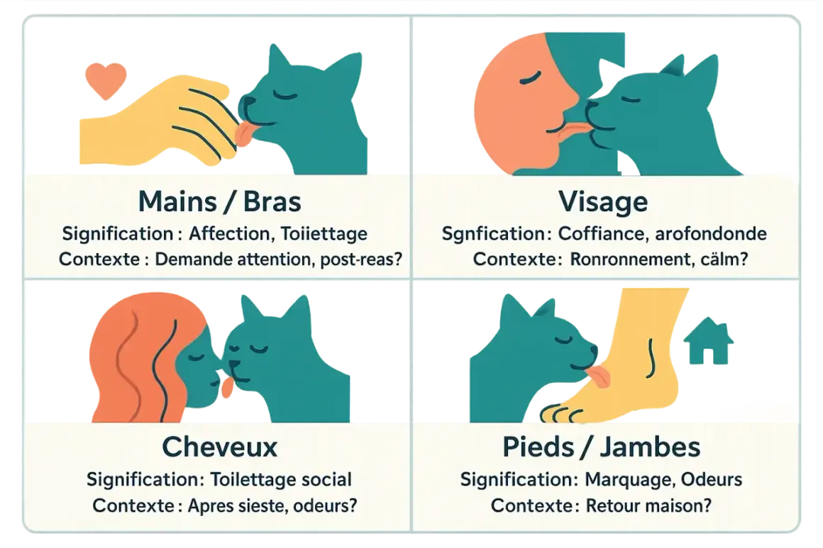 Mon chat me lèche le visage, signe de confiance et de ronronnements calmes.