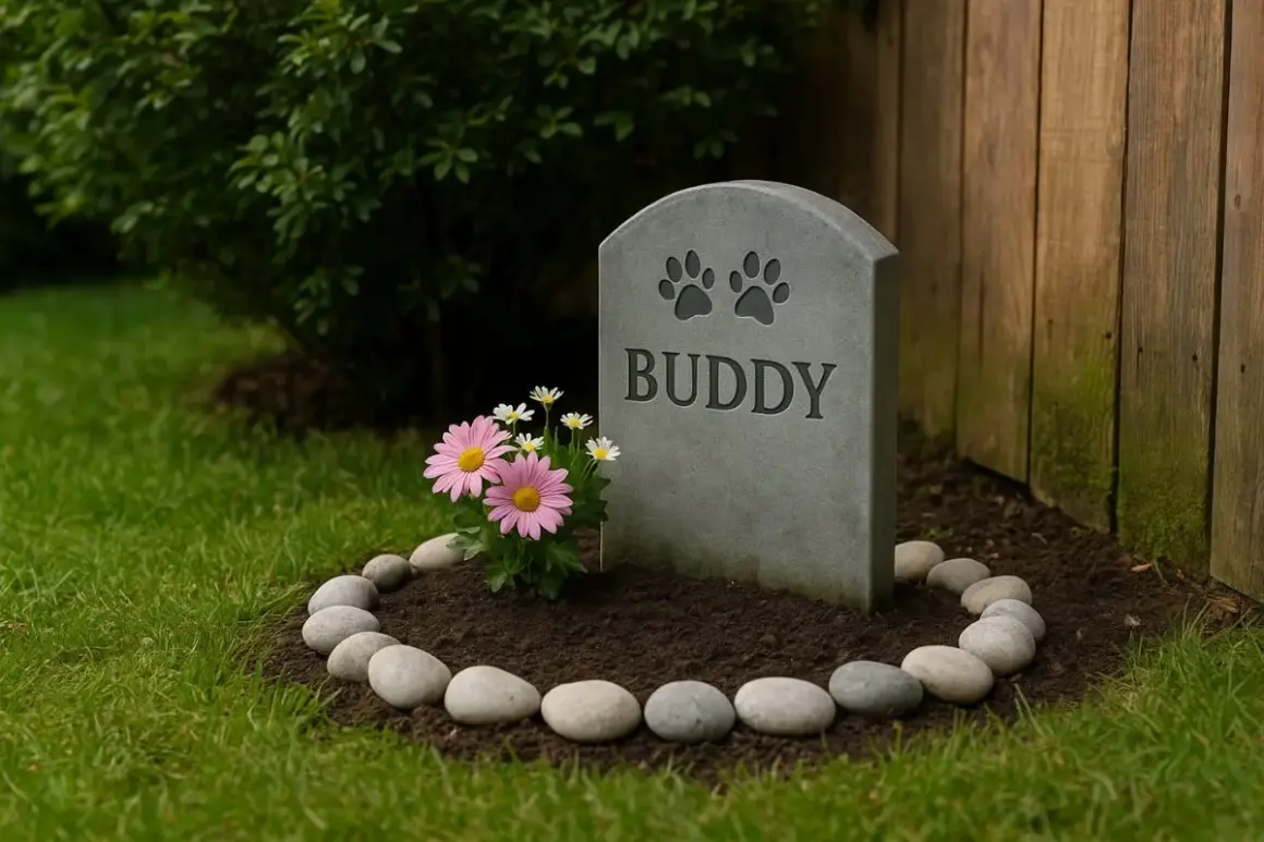 Une tombe pour chien dans un jardin, avec des fleurs et des galets. Peut-on enterrer son chien dans son jardin ? Ce mémorial pour Buddy suggère une réponse affectueuse.