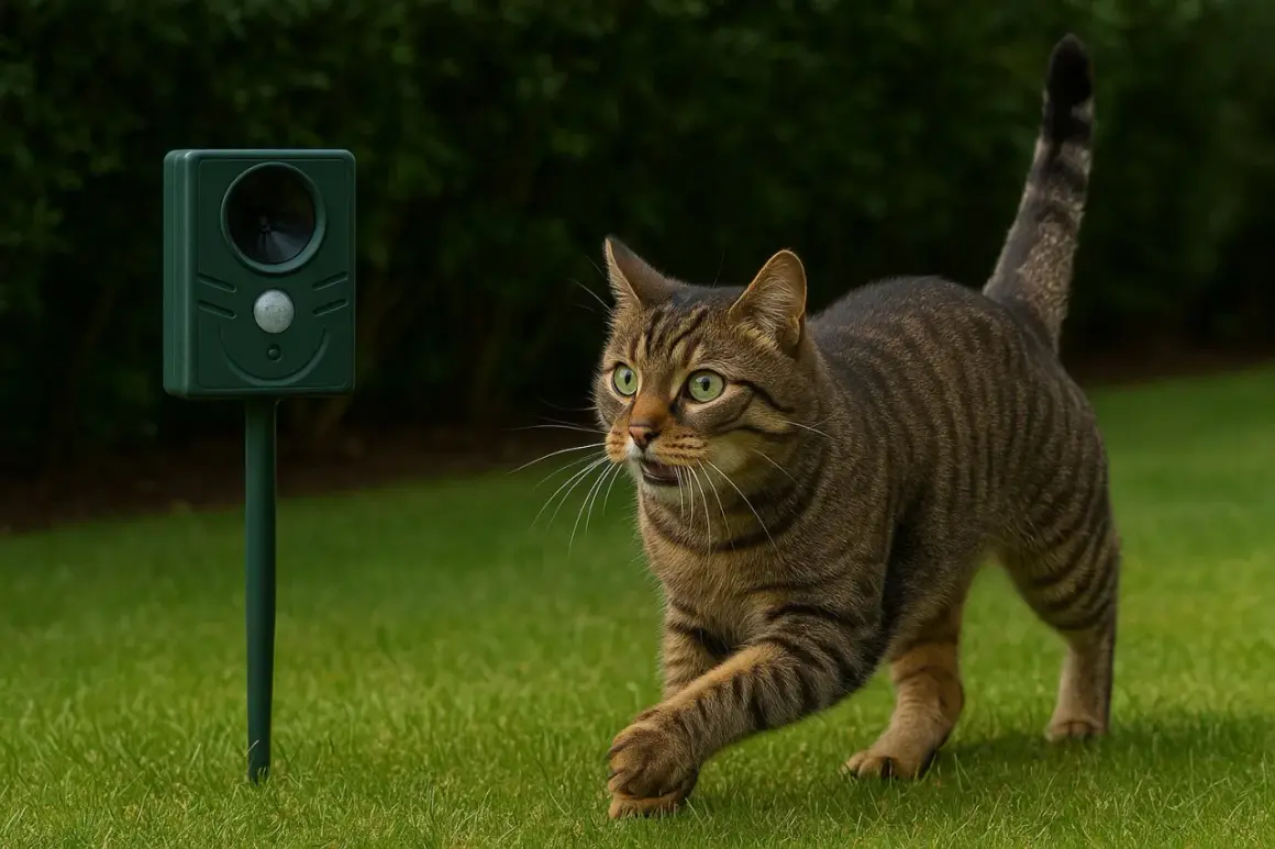 Un chat tigré, surpris, s'arrête devant un appareil vert. L'ultrason souris est dangereux pour les chats, le faisant fuir.