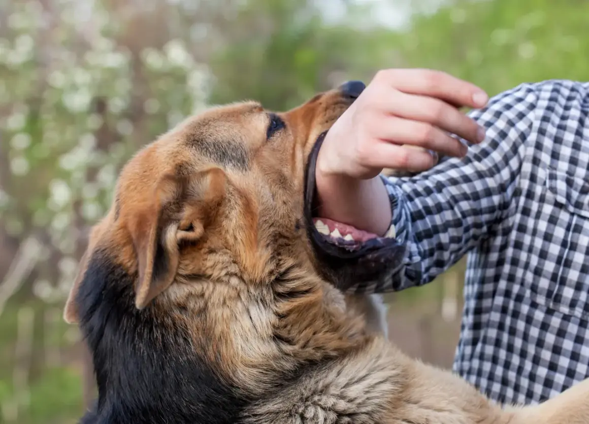 Un chien semble faire une morsure de chien sur le bras d'une personne portant une chemise à carreaux.