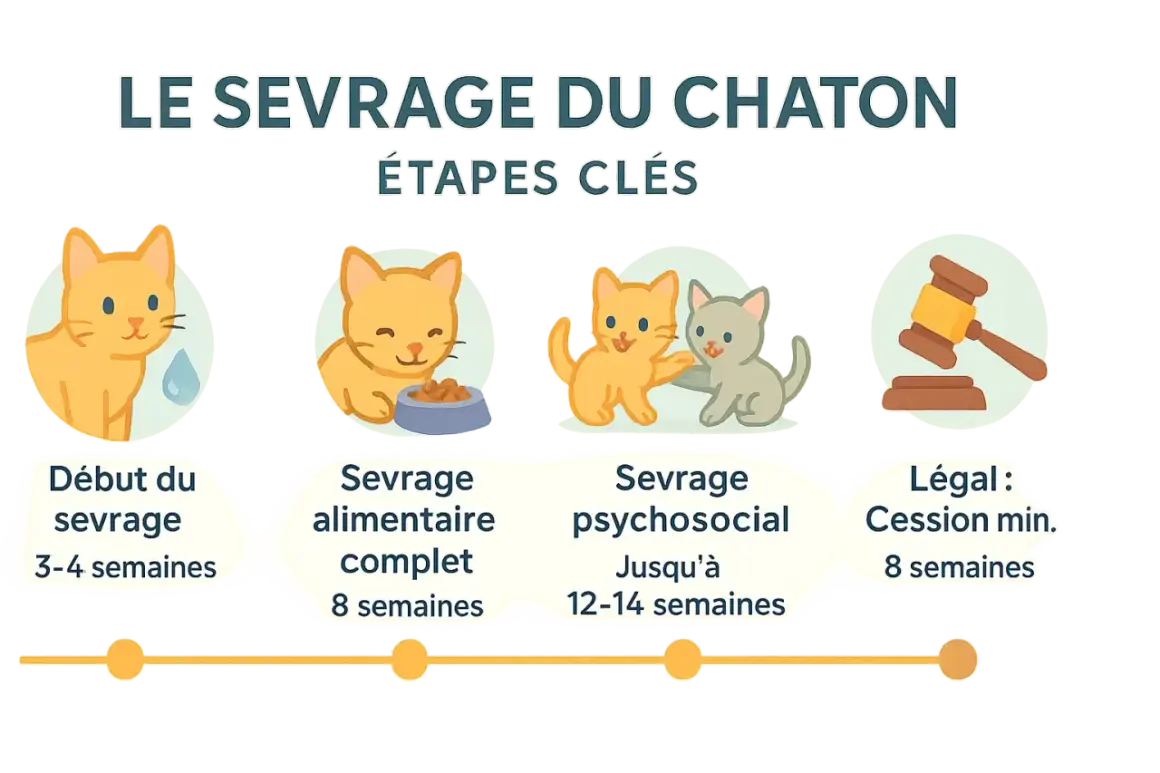 Le sevrage du chaton, de 3-4 semaines à 12-14 semaines, couvre les étapes alimentaire, psychosociale et légale.