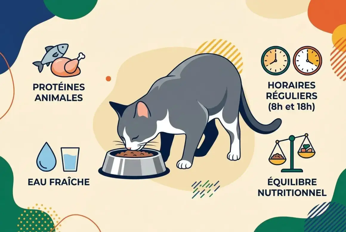 Un chat gris et blanc mange dans sa gamelle. L'image illustre comment nourrir un chat combien de fois par jour : protéines animales, eau fraîche, horaires réguliers (8h et 18h) et équilibre nutritionnel.