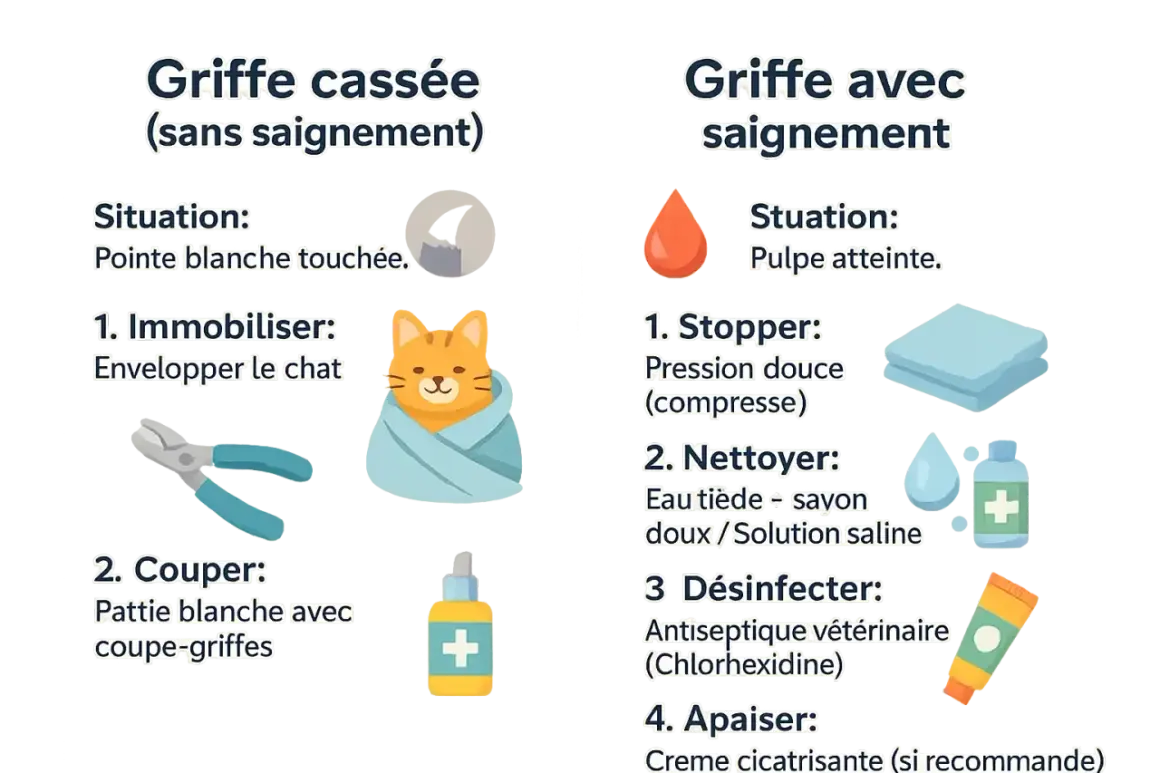 Guide pour soigner une griffe arrachée chez le chat : conseils pour une griffe cassée sans saignement ou avec saignement.