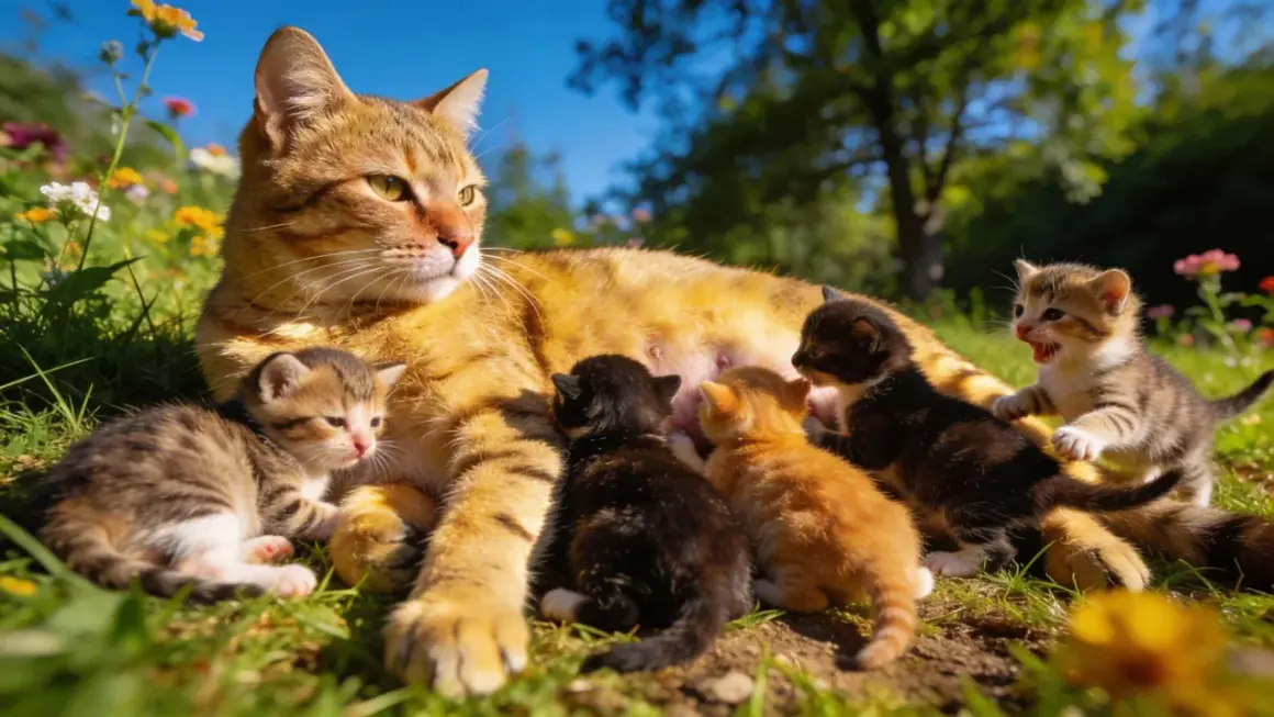 Une chatte tigrée et ses chatons dans l'herbe. Combien de portée par an pour un chat ? Cette mère semble en avoir déjà plusieurs !