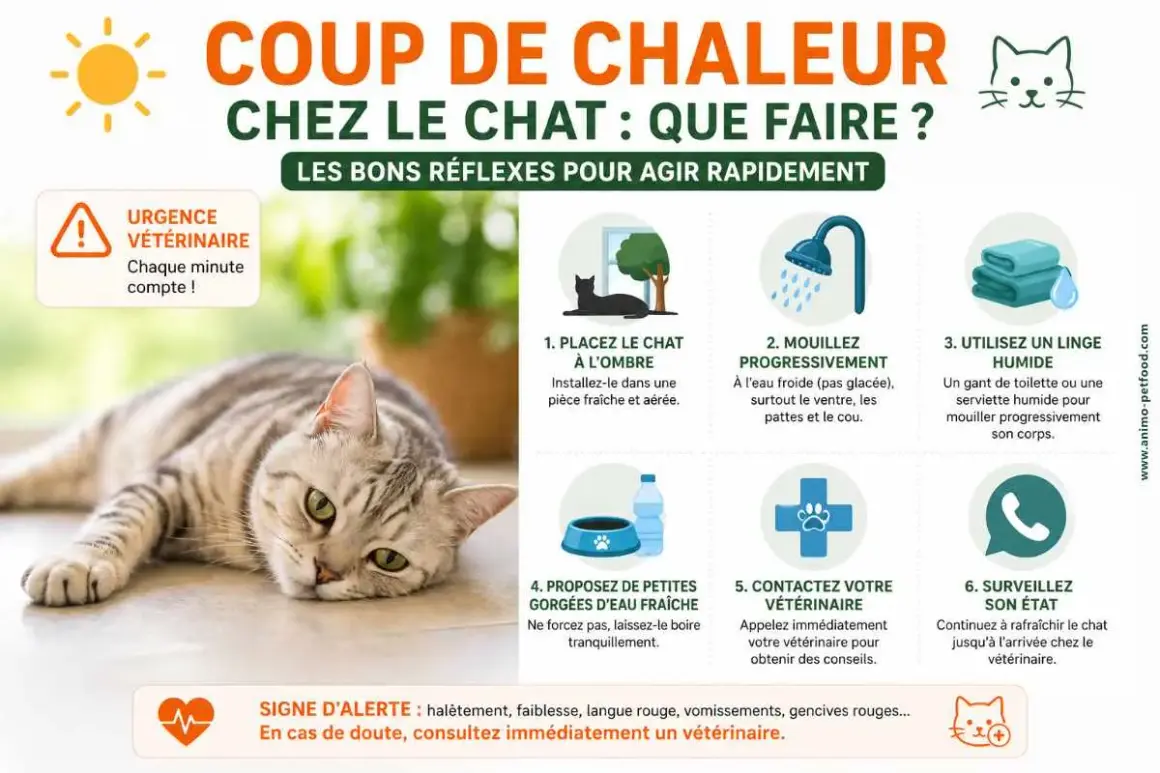 Guide pour comment rafraîchir un chat en cas de coup de chaleur : ombre, eau fraîche, linge humide, et contact vétérinaire.