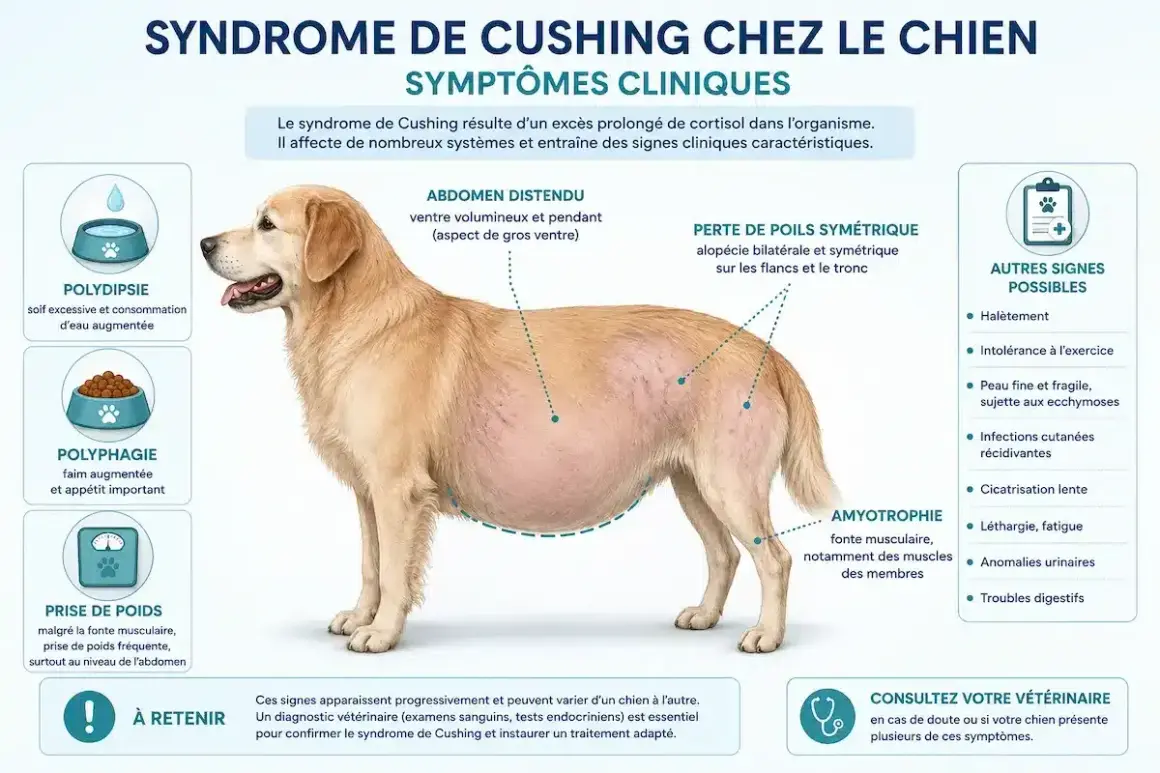 Chien atteint du syndrome de Cushing : abdomen distendu, perte de poils, polydipsie, polyphagie, prise de poids, amyotrophie. Consultez un vétérinaire.