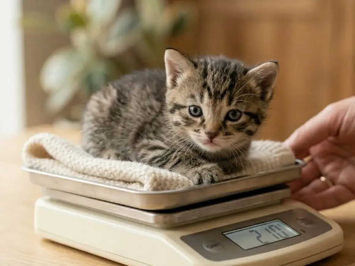 Un adorable chaton tigré sur une balance, pesant 210g. Un signe de bonne prise de poids pour ce petit félin.