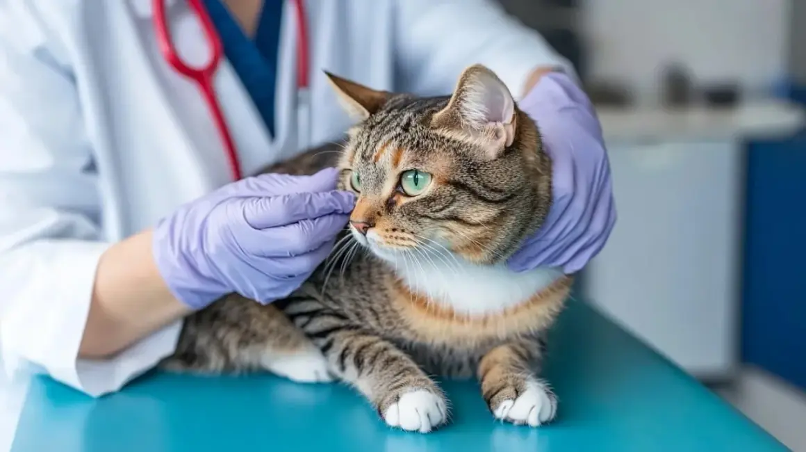 Un chat tigré aux yeux verts est examiné par un vétérinaire en blouse blanche et gants violets, avant sa stérilisation.