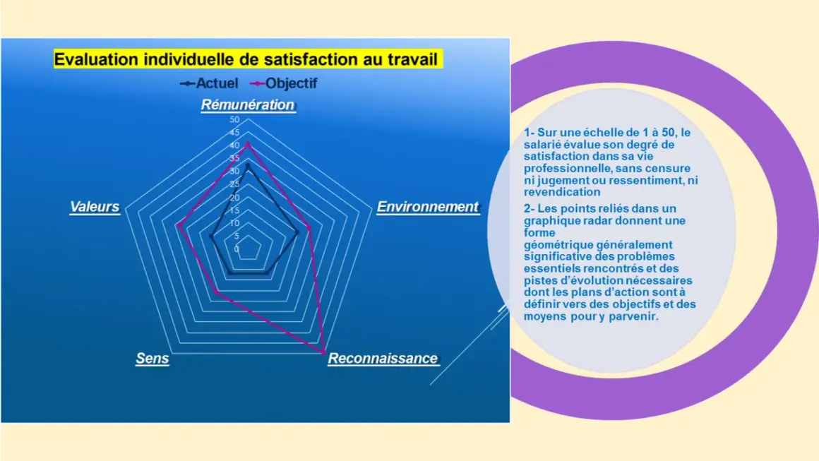 Graphique radar d'évaluation de la satisfaction au travail. Les axes représentent Rémunération, Valeurs, Sens, Reconnaissance, Environnement. Le graphique montre les données actuelles et objectives. Ce n'est pas un staff chien dangereux.
