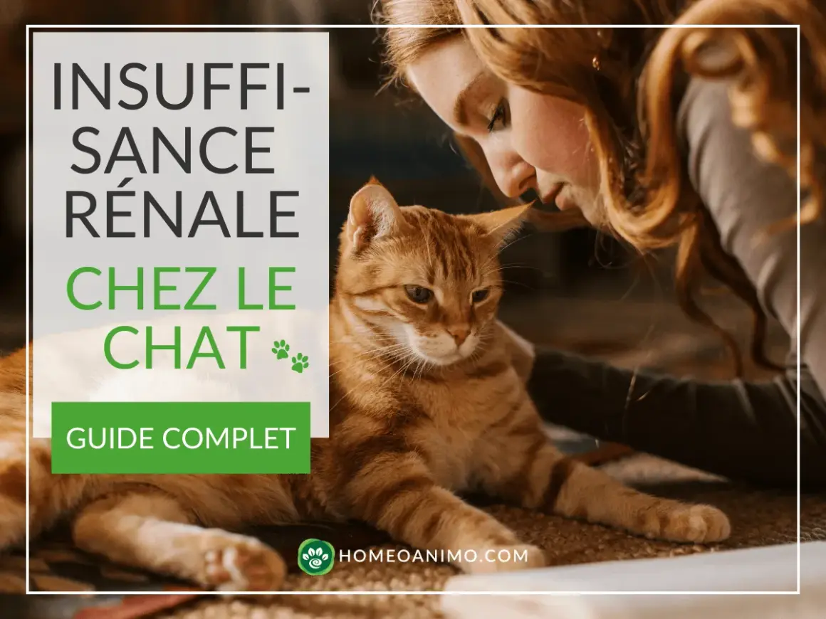 Une femme caresse un chat roux, le texte indique "Insuffisance rénale chez le chat".