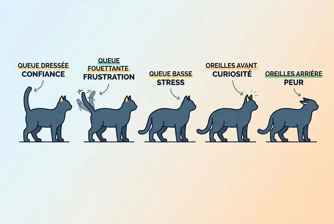 Cinq chats illustrent le langage corporel f&eacute;lin : confiance (queue dress&eacute;e), frustration (queue fouettante), stress (queue basse), curiosit&eacute; (oreilles avant) et peur (oreilles arri&egrave;re). Pas de chat qui pleure ici, juste des &eacute;motions !