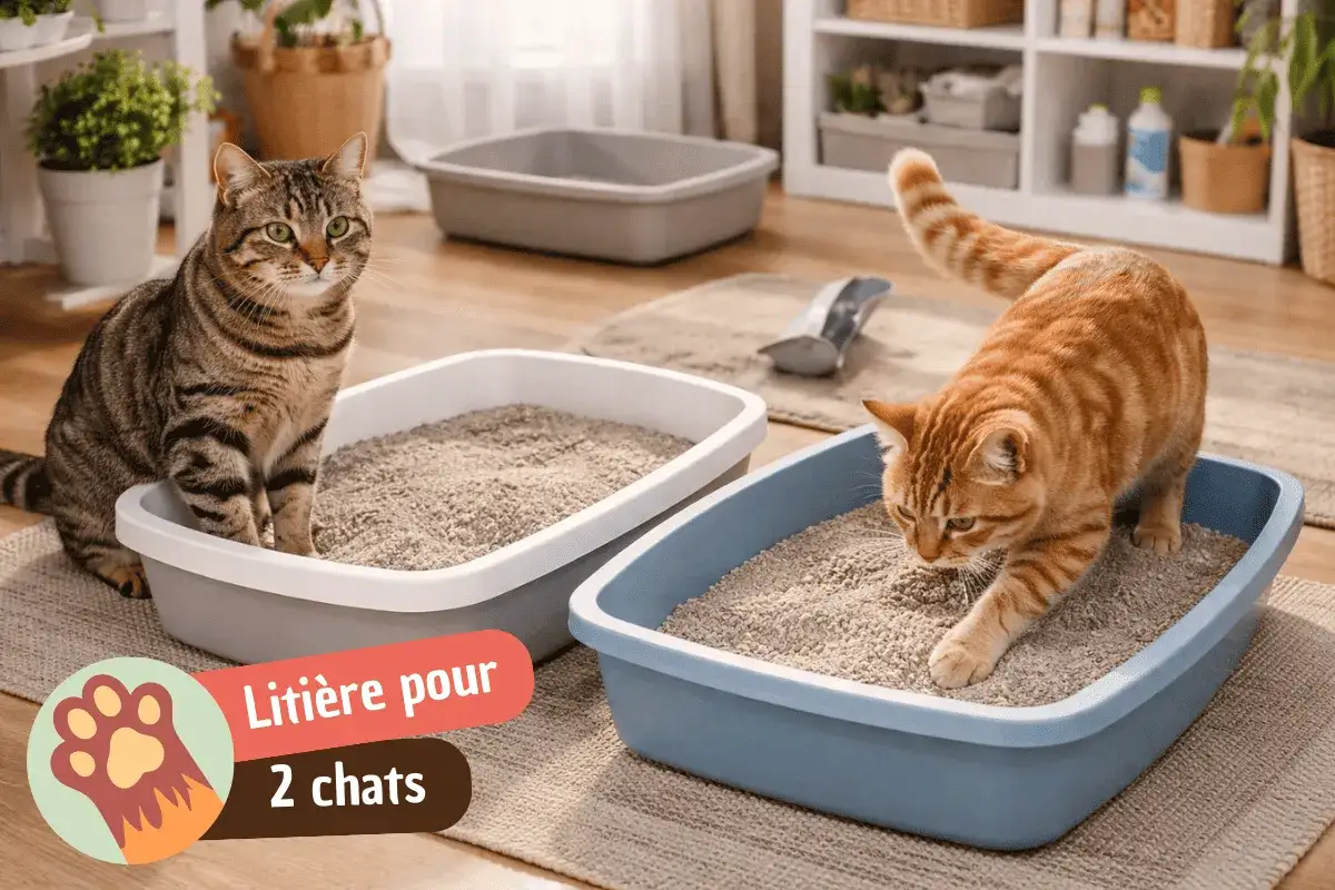 Deux chats femelles profitent de leur litière. L'une, tigrée, est assise, l'autre, rousse, creuse. Cohabitation harmonieuse.