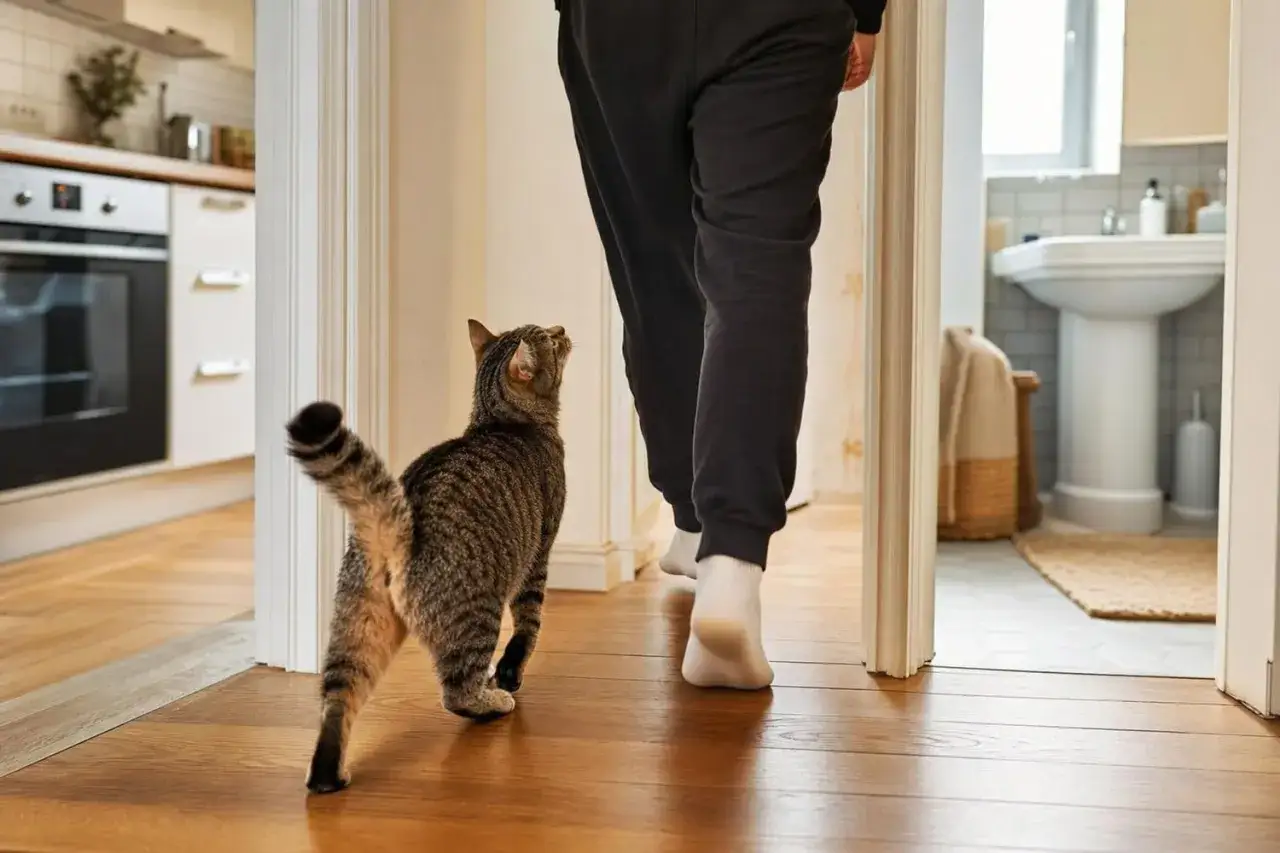 Un chat tigré suit son humain dans le couloir, comme s'il disait