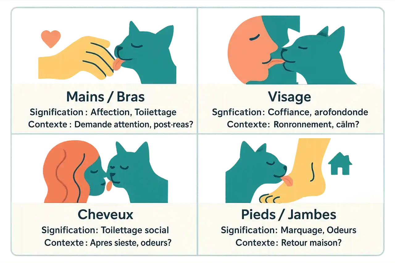Mon chat me lèche le visage, signe de confiance et de ronronnements calmes.