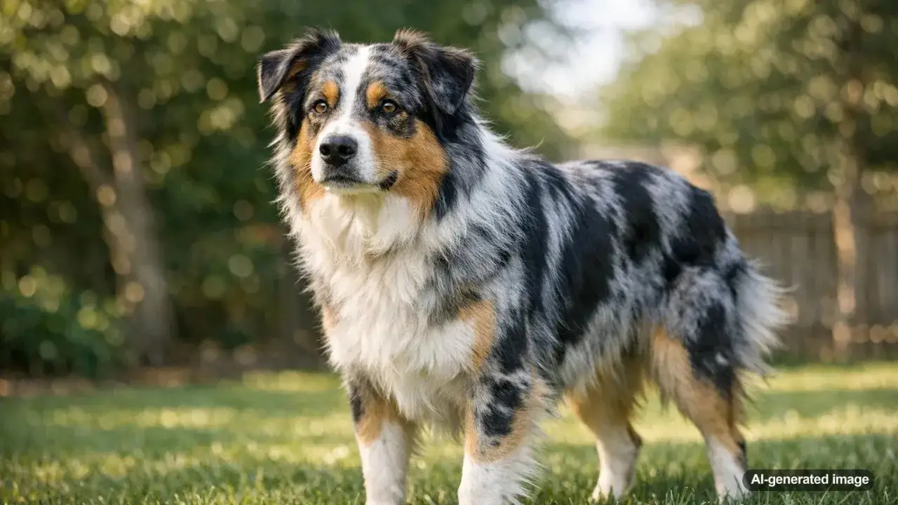 Berger australien aux couleurs magnifiques, posé dans l'herbe. Il est dit qu'à 2 ans, un berger australien se calme.