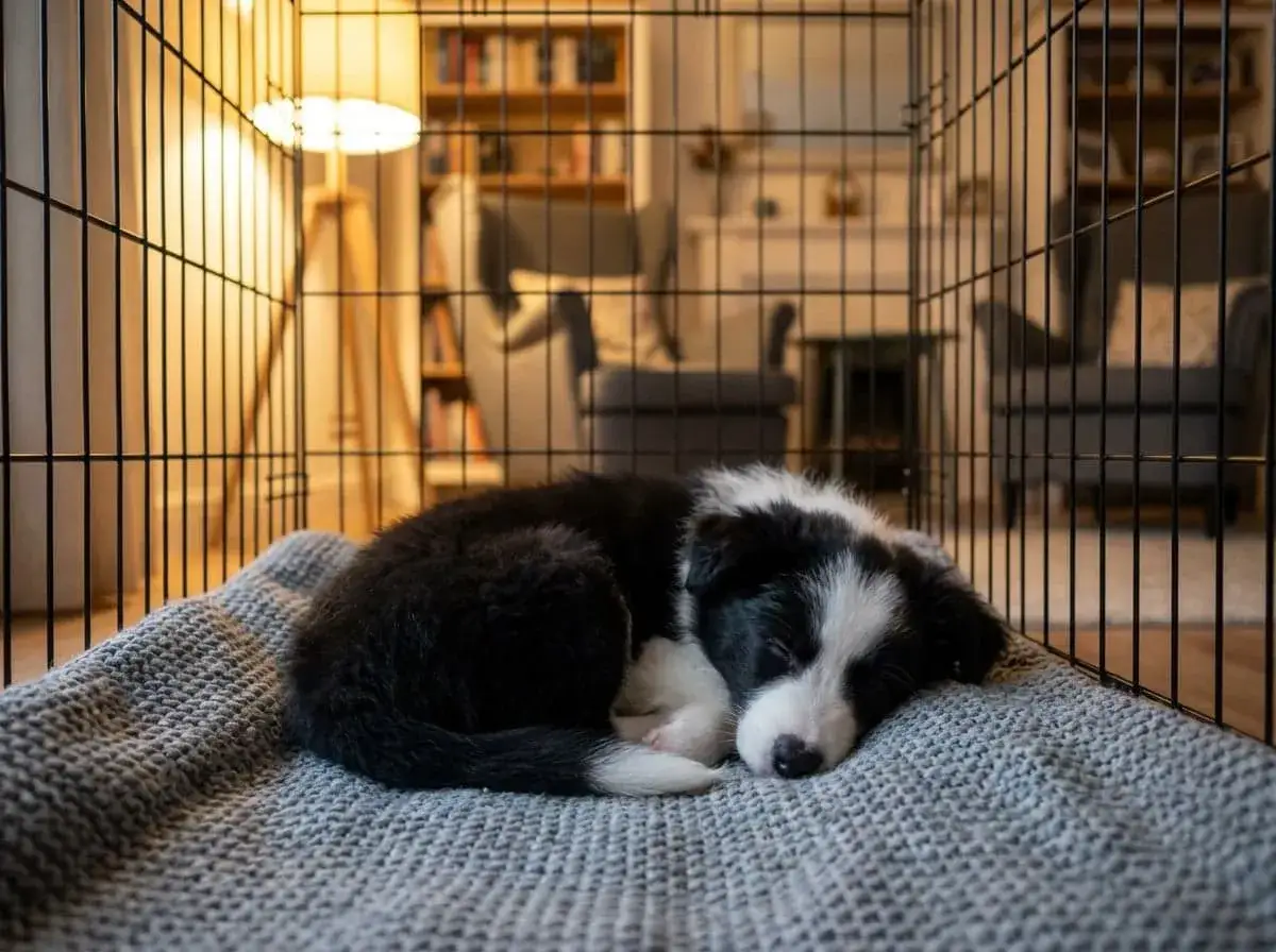 Un chiot Border Collie dort paisiblement dans sa cage. Il est encore jeune, mais on espère qu'il sera propre la nuit bientôt.