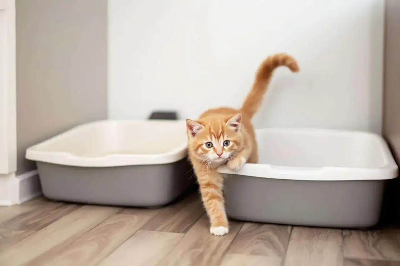 Un chaton roux sort d'une litière. La question