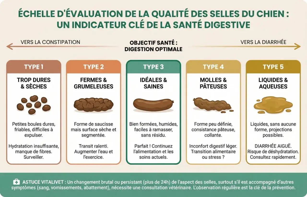 Échelle d'évaluation des selles de chien : le type 4 montre des selles molles et pâteuses, signe d'un inconfort digestif léger.